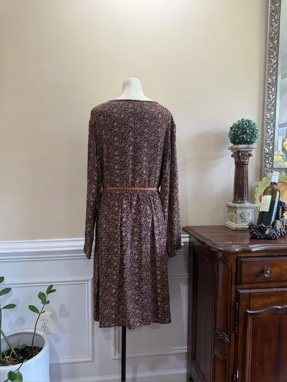 Vintage Putumayo Floral Long-Sleeve Button Front Dress in Brown